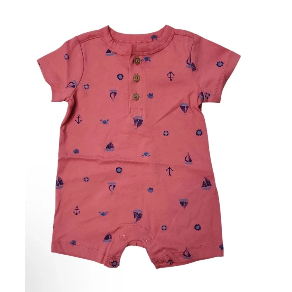 Carters 3m-24m Baby Boys Nautical Sailboat Henley Romper Coral Pink Short Sleeve
